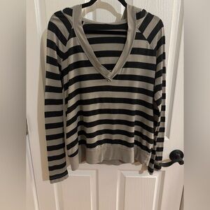 Striped Black and Gray V-Neck Soft long sleeve hoodie.